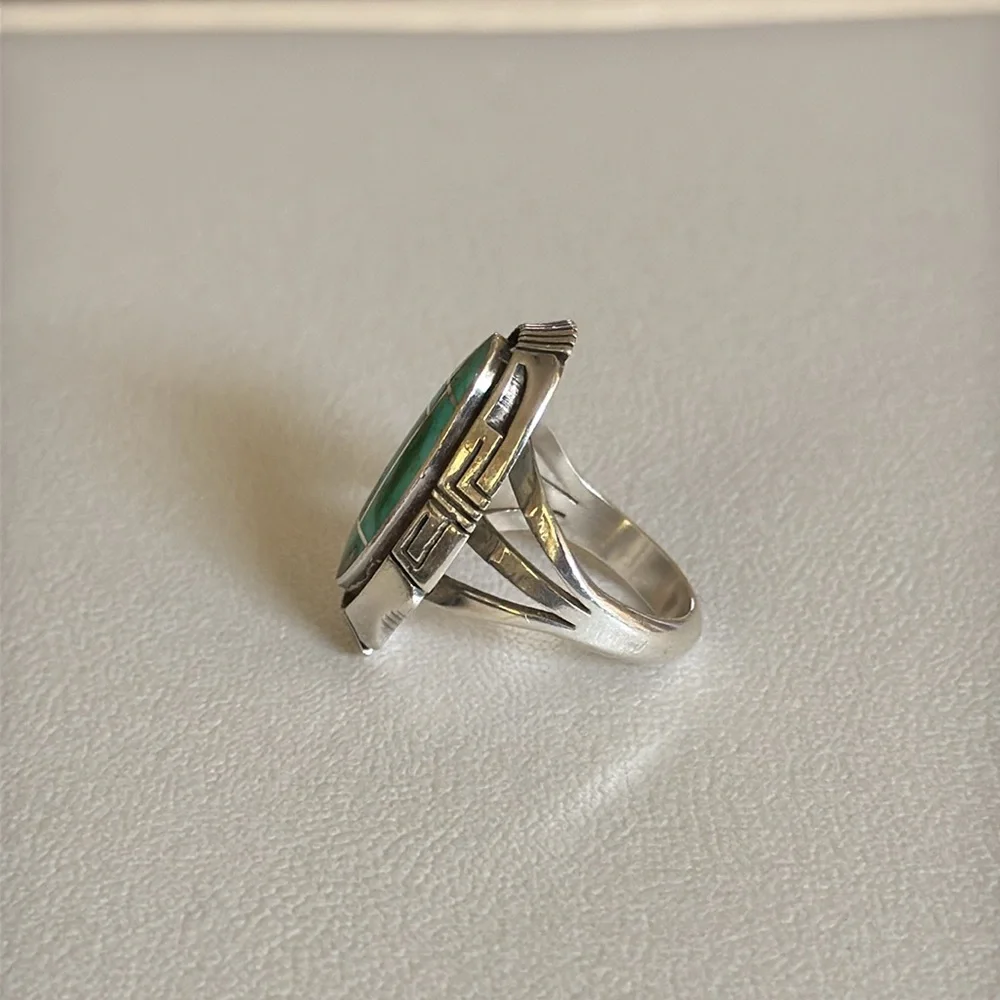 Navajo Handmade vintage Silver and Turquoise Inlay Ring size 9 - Picture 4 of 14